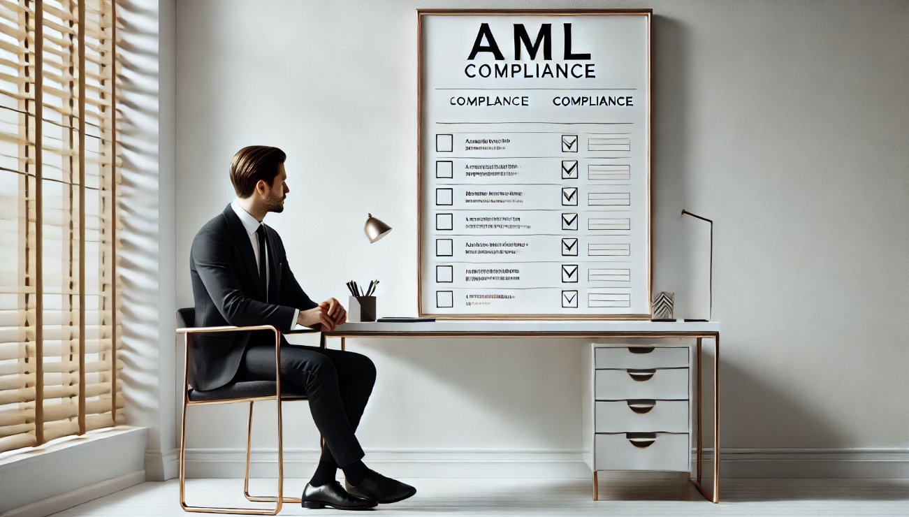 Man in formal attire reviewing a simple AML compliance checklist from TRACEFORT on a display board in a office.