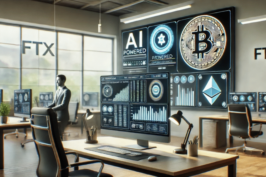 AI-powered compliance software monitoring cryptocurrency transactions in a cryptocurrency exchange FTX office.
