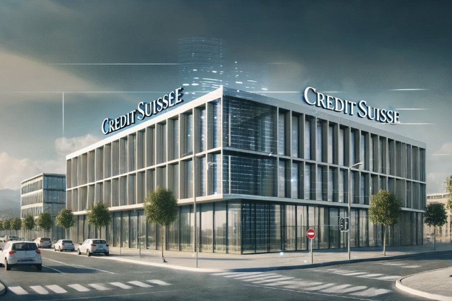 Credit Suisse building in a financial district, representing the bank’s role in the global financial industry.