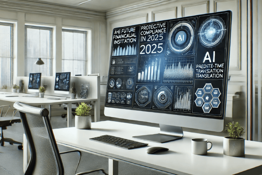 AI-powered compliance tools displayed on a screen in a modern financial institution office, showcasing predictive analytics and real-time monitoring.