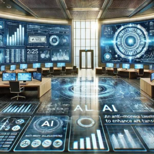 AI-powered compliance tools displayed in a futuristic control room with monitors analyzing financial transactions and data for AML processes in 2025