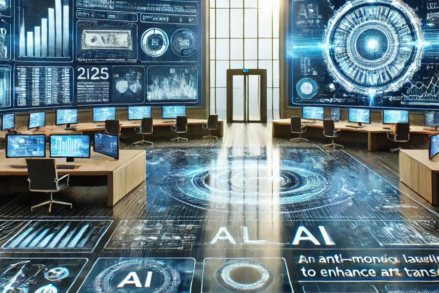 AI-powered compliance tools displayed in a futuristic control room with monitors analyzing financial transactions and data for AML processes in 2025