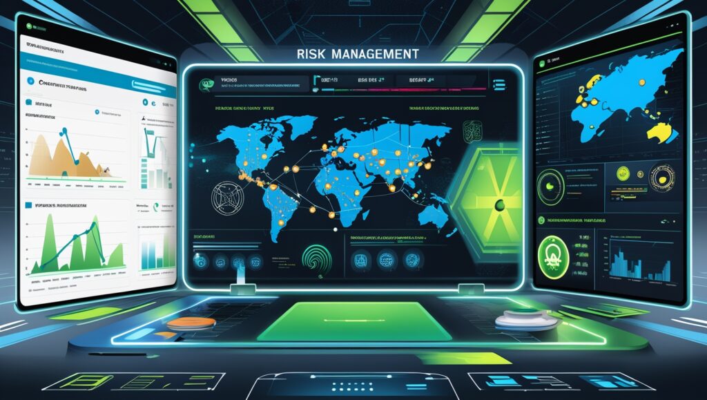 "Cutting-edge risk management interface displaying global cybersecurity threat maps, data visualisations, and AI-powered automated responses for real-time threat mitigation."
