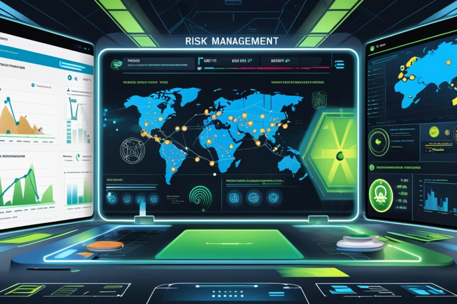 "Cutting-edge risk management interface displaying global cybersecurity threat maps, data visualisations, and AI-powered automated responses for real-time threat mitigation."